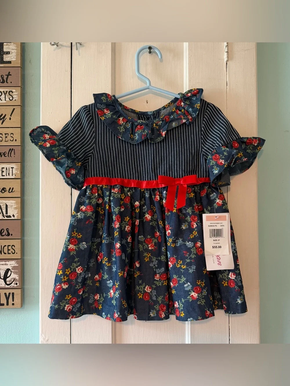Toddler Girls’ Bonnie Jean Navy Floral Dress with Red Bow - NWT - Size: 2T